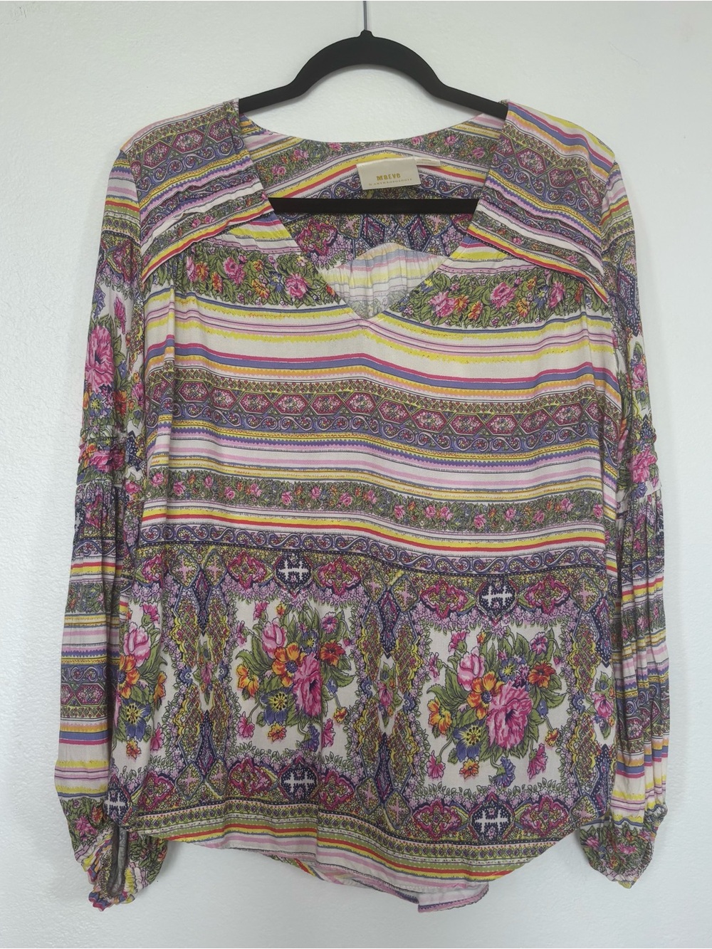 Anthropologie Maeve Ceresco Viscose Peasant Top Floral Stripe Blouse Boho Femme